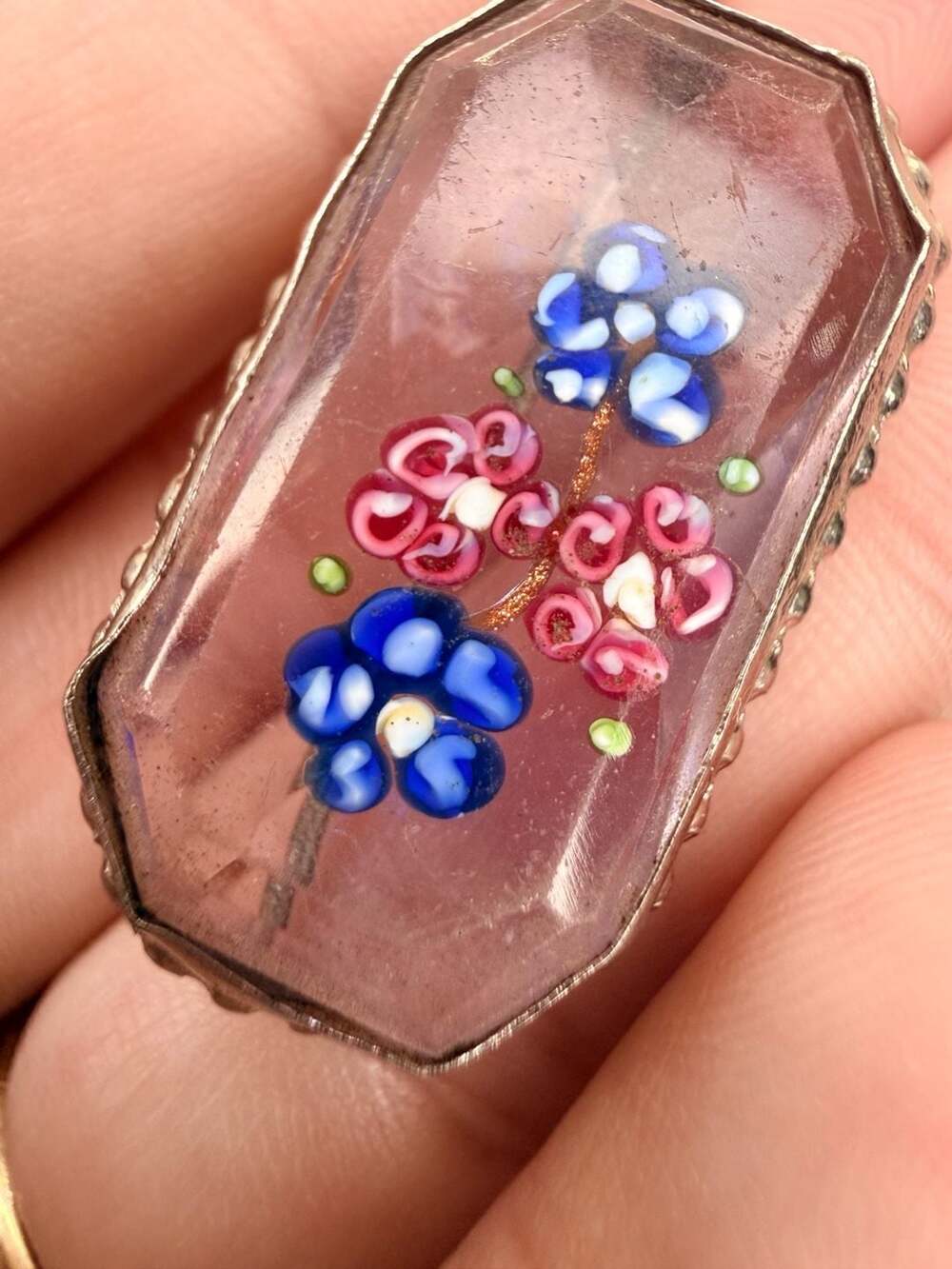 Vintage Antique Faceted Glass Millefiori Flowers Brooch